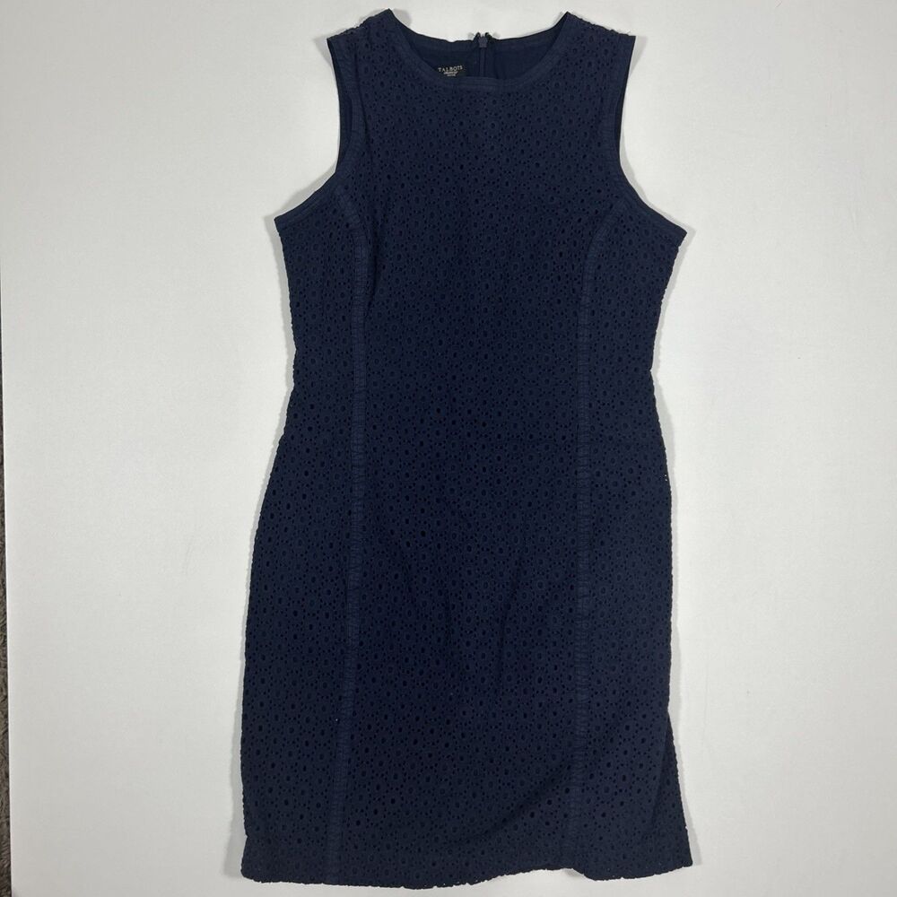 Talbots Navy Blue Dress Women’s 14P Cotton Eyelet Sleeveless Lined